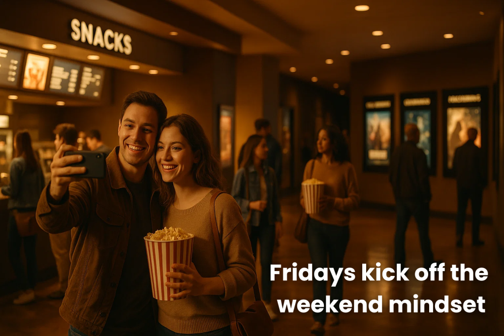 people inside the Cinema lobby clicking selfie and enjoying the popcorn